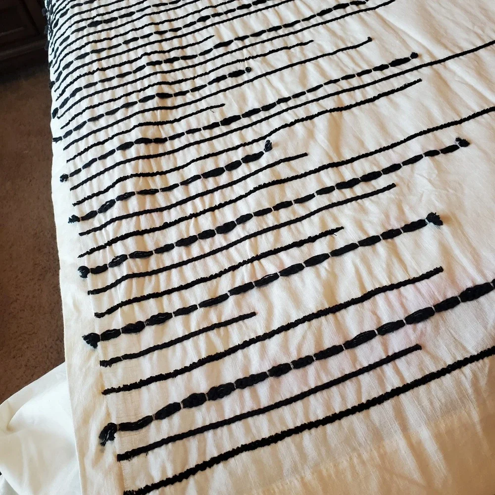 World Market White Black Tufted Stripe 100% Cotton Shower Curtain 72x72 NEW